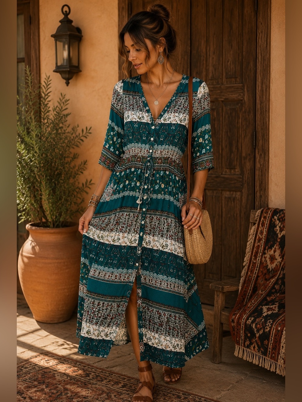R. Vivimos Boho Maxi Dress Button Down Front